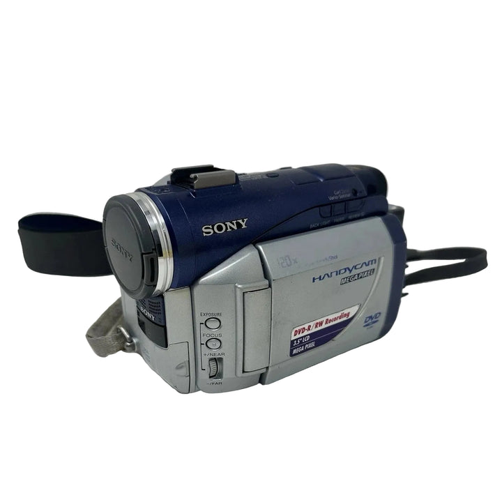 Sony DCR-DVD300 blue silver camcorder side controls exposure focus dial ClubCamera.com