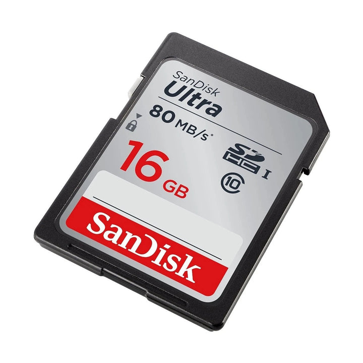 ClubCamera.com SanDisk Ultra 16GB SDHC UHS-I memory card with red branding and write-protect switch