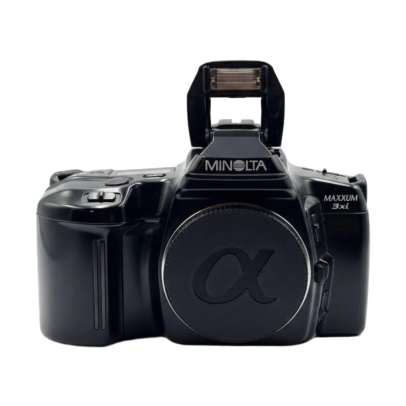 Minolta Maxxum 3xi black 35mm SLR film camera with extended pop-up flash sold by ClubCamera.com