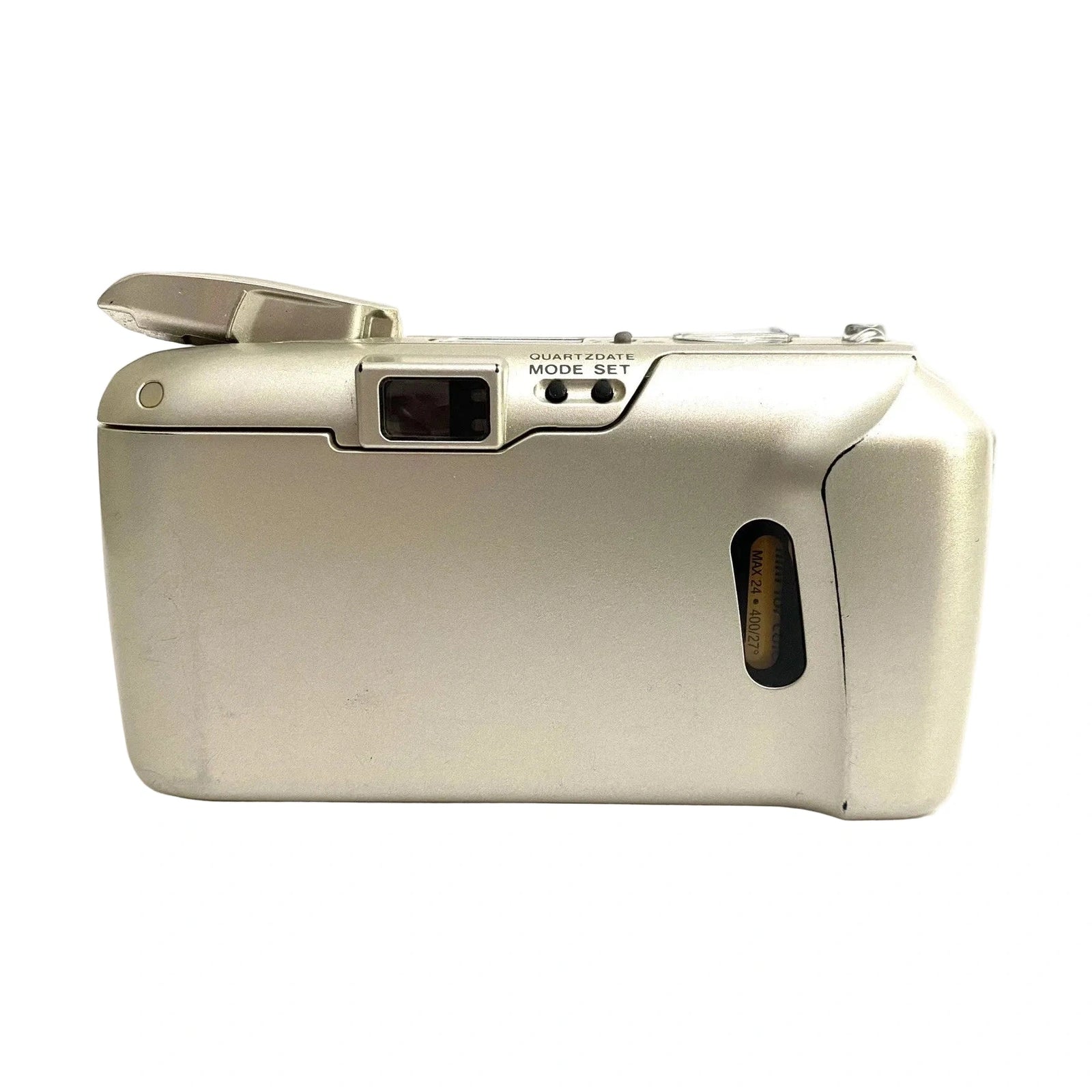 Rear view of silver Olympus Stylus Epic Zoom 80 film camera with extended flash and yellow MAX 24 label at ClubCamera.com