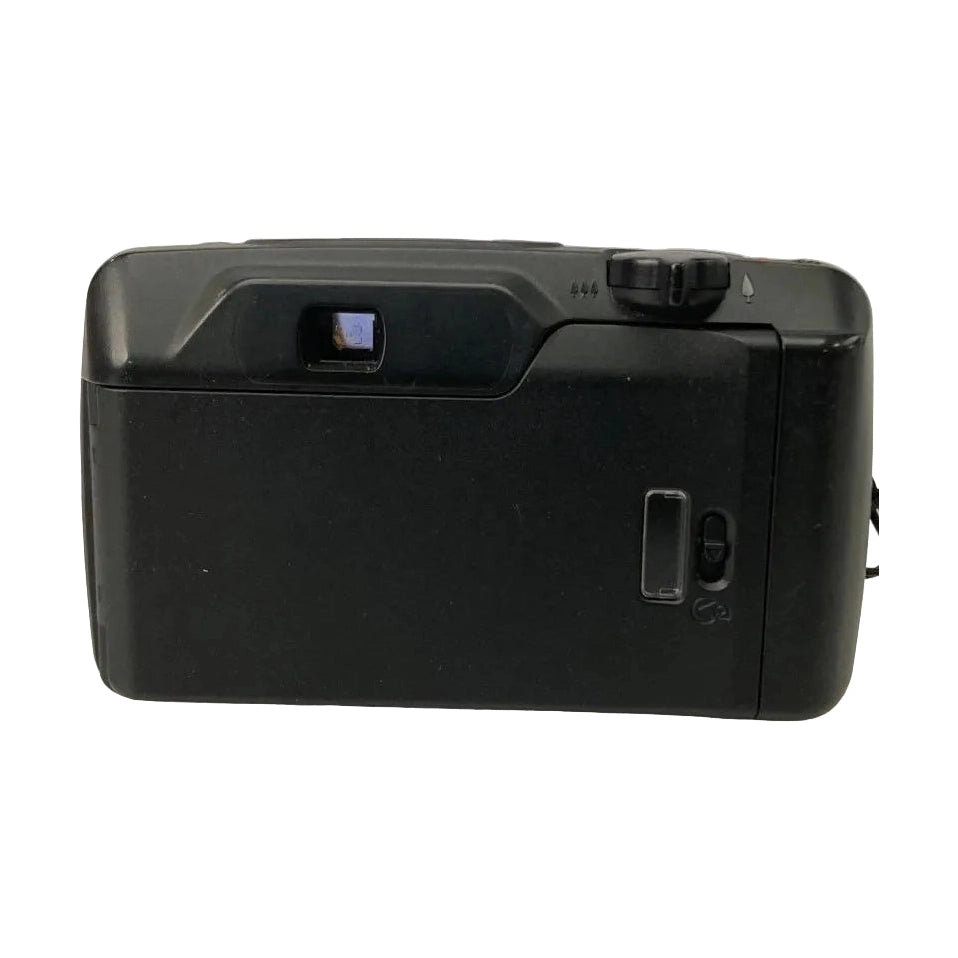 Back view of black matte Pentax IQZoom EZY-R 35mm film camera with rotary dial and battery compartment at ClubCamera.com