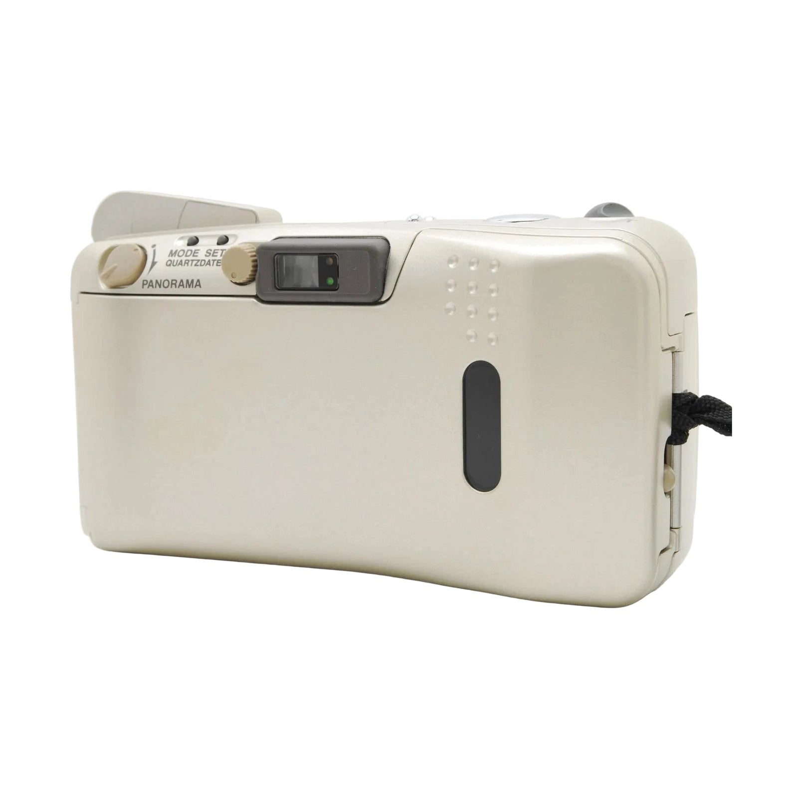 Cream Olympus Stylus Epic Zoom 115 film camera side rear view with textured body and wrist strap at ClubCamera.com