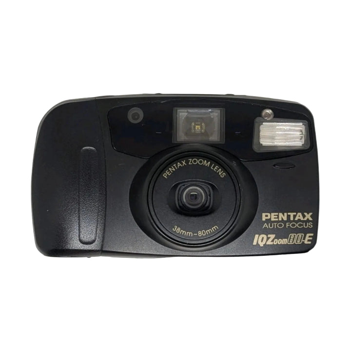 Top view of matte black Pentax IQZoom 80E autofocus camera highlighting symmetrical lens layout and textured grip at ClubCamera.com