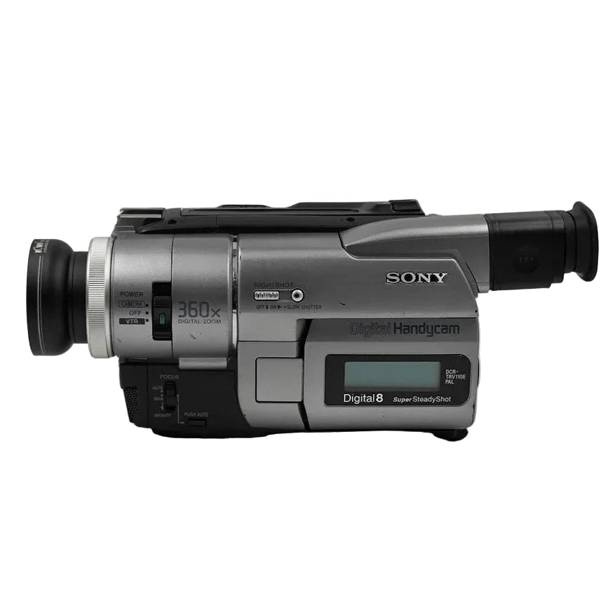ClubCamera.com side profile of silver Sony DCR-TRV110 Digital8 camcorder showing brushed chassis and rubberized grip