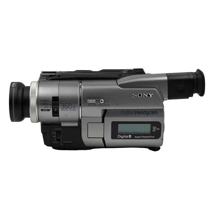 ClubCamera.com side profile of silver Sony DCR-TRV110 Digital8 camcorder showing brushed chassis and rubberized grip