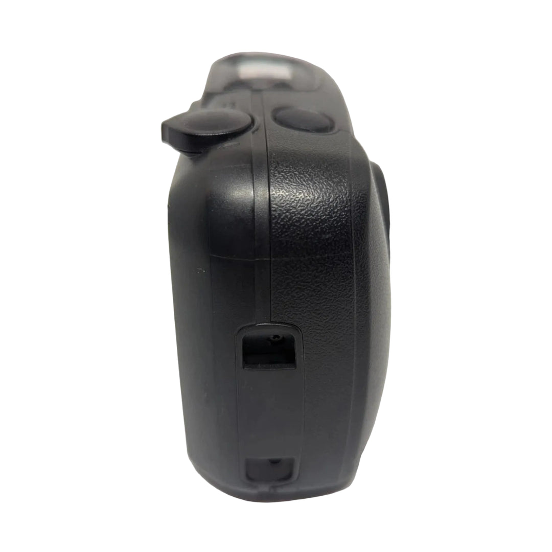 Rear-left angle of black Pentax IQZoom 80E film camera featuring pebbled grip texture and shutter button details from ClubCamera.com