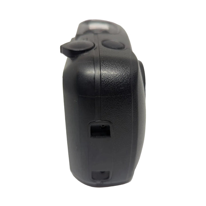 Rear-left angle of black Pentax IQZoom 80E film camera featuring pebbled grip texture and shutter button details from ClubCamera.com