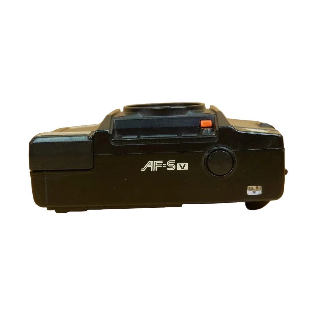 Top-down view of black Minolta AF-SV 35mm film camera showing model name and rewind crank sold by ClubCamera.com