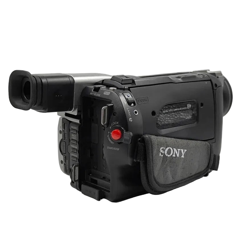 ClubCamera.com rear view of black Sony DCR-TRV110 camcorder with battery compartment, red start button, and wrist strap