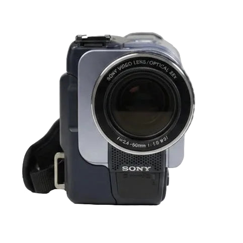 ClubCamera.com front view of black and silver Sony DCR-TRV330 with 25x lens and shoulder strap