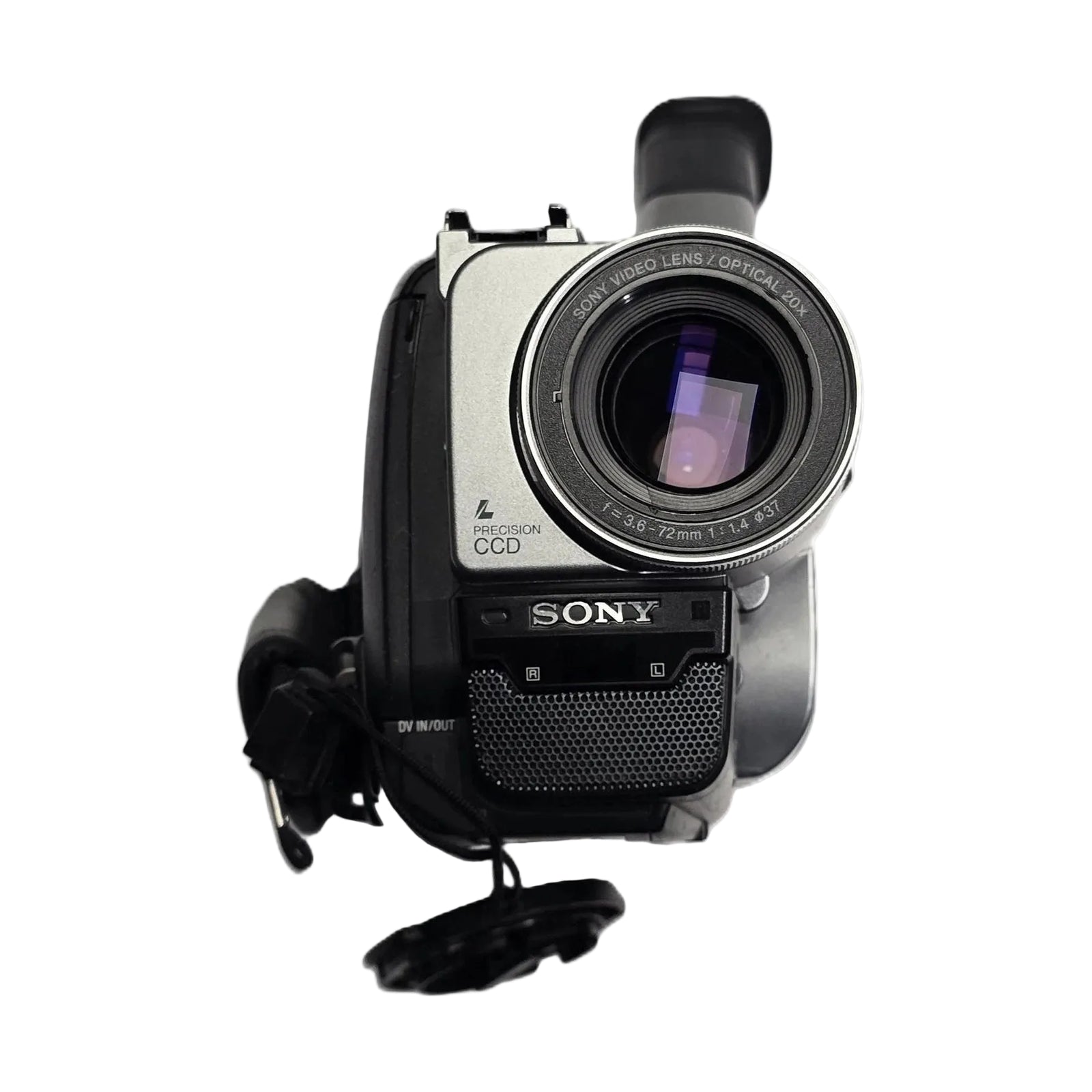 Front close-up of Sony DCR-TRV103 Digital8 camcorder showing 20x optical lens and Precision CCD sensor by ClubCamera.com