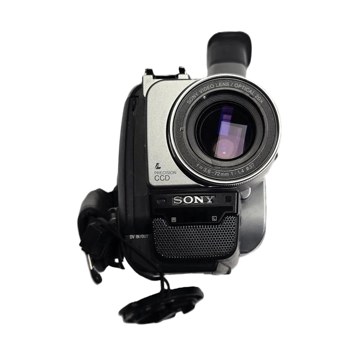 Front close-up of Sony DCR-TRV103 Digital8 camcorder showing 20x optical lens and Precision CCD sensor by ClubCamera.com