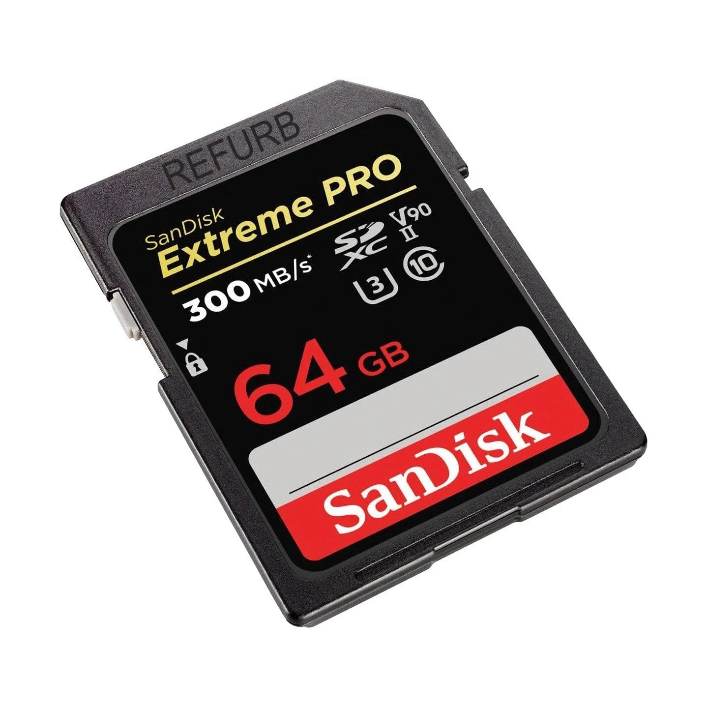 ClubCamera.com refurbished SanDisk Extreme PRO 64GB SDXC card angled view with metallic contacts