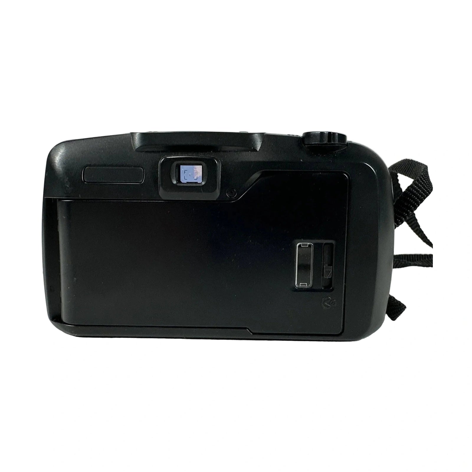 Rear view of black Pentax IQZoom EZY 35mm point-and-shoot film camera showing LCD window and mode dial at ClubCamera.com