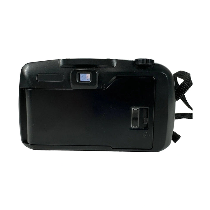 Rear view of black Pentax IQZoom EZY 35mm point-and-shoot film camera showing LCD window and mode dial at ClubCamera.com