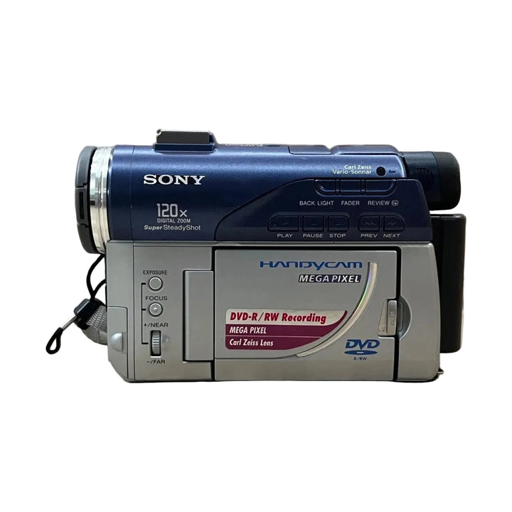 ClubCamera.com closed Sony DCR-DVD200 DVD Handycam displaying HANDYCAM MEGA PIXEL and DVD-R/RW Recording labels
