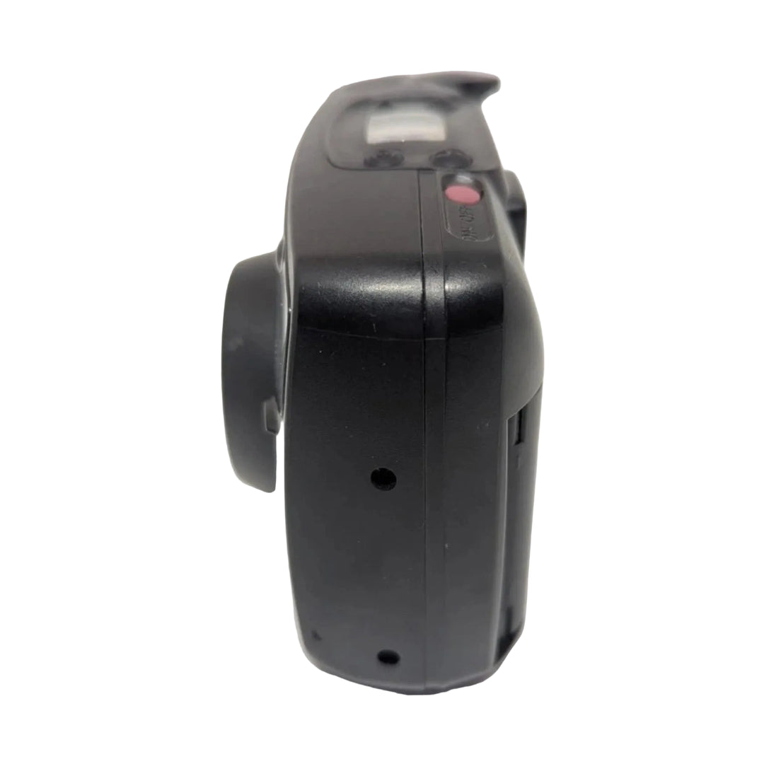 Side profile of compact black Pentax IQZoom 80-E point-and-shoot film camera showing ergonomic grip and portability for ClubCamera.com