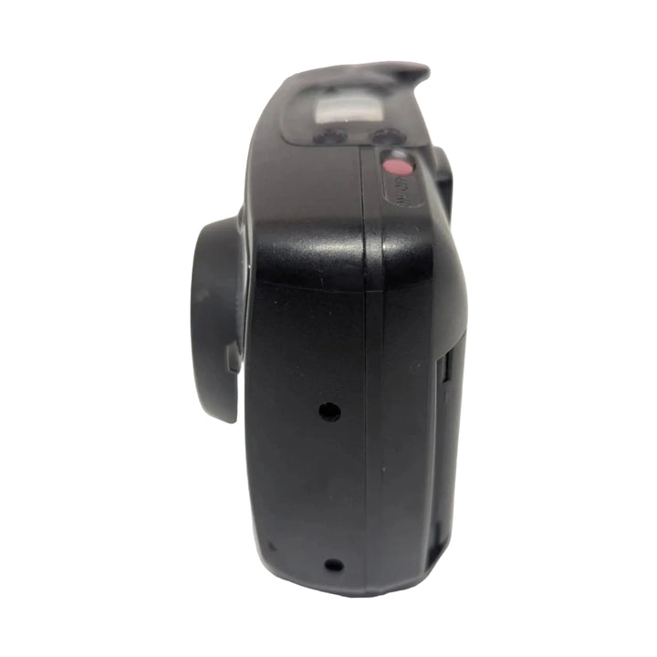 Side profile of compact black Pentax IQZoom 80-E point-and-shoot film camera showing ergonomic grip and portability for ClubCamera.com