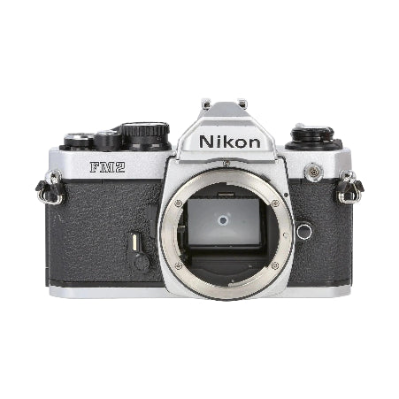 Nikon FM2 35mm SLR film camera body only silver black at ClubCamera.com with exposed lens mount and textured grip