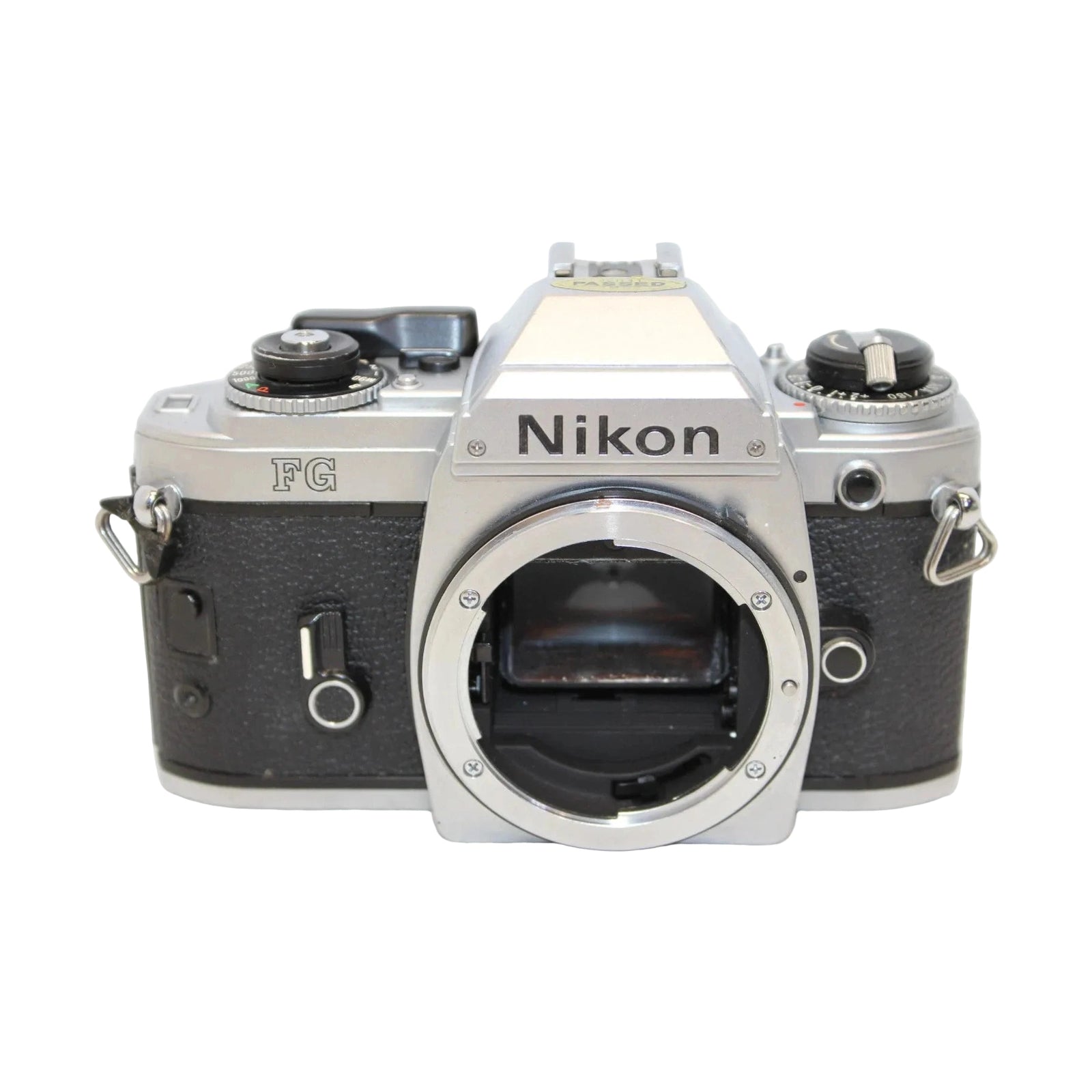 Nikon FG 35mm SLR film camera silver black with open F-mount bayonet and PASSED sticker at ClubCamera.com