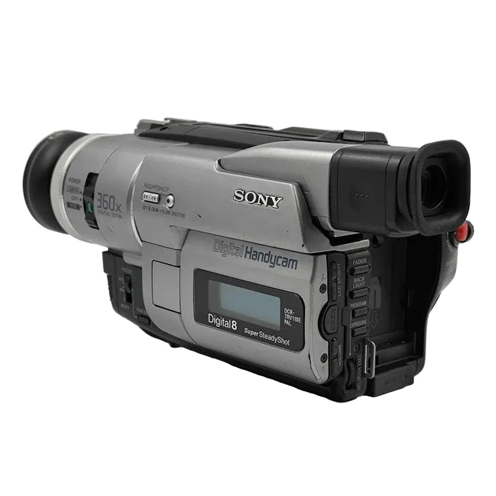 ClubCamera.com angled shot of silver and black Sony DCR-TRV110 Digital8 Handycam highlighting lens assembly and LCD screen