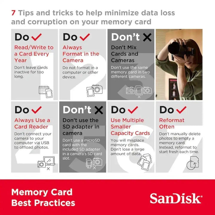 ClubCamera.com infographic showing 7 tips to prevent memory card data loss with camera usage example