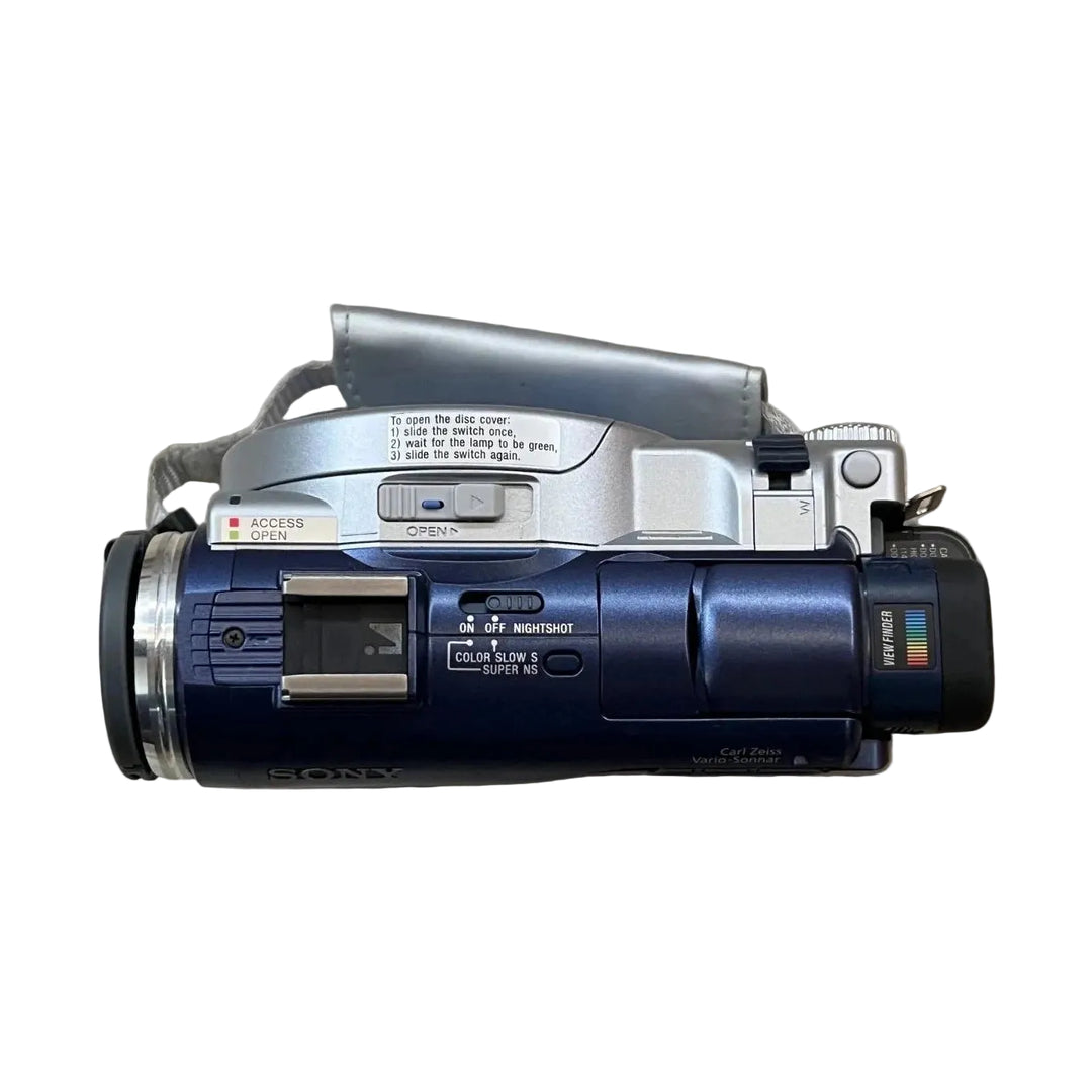 ClubCamera.com top view of Sony DCR-DVD200 showing disc loading mechanism and ACCESS/OPEN indicator LEDs