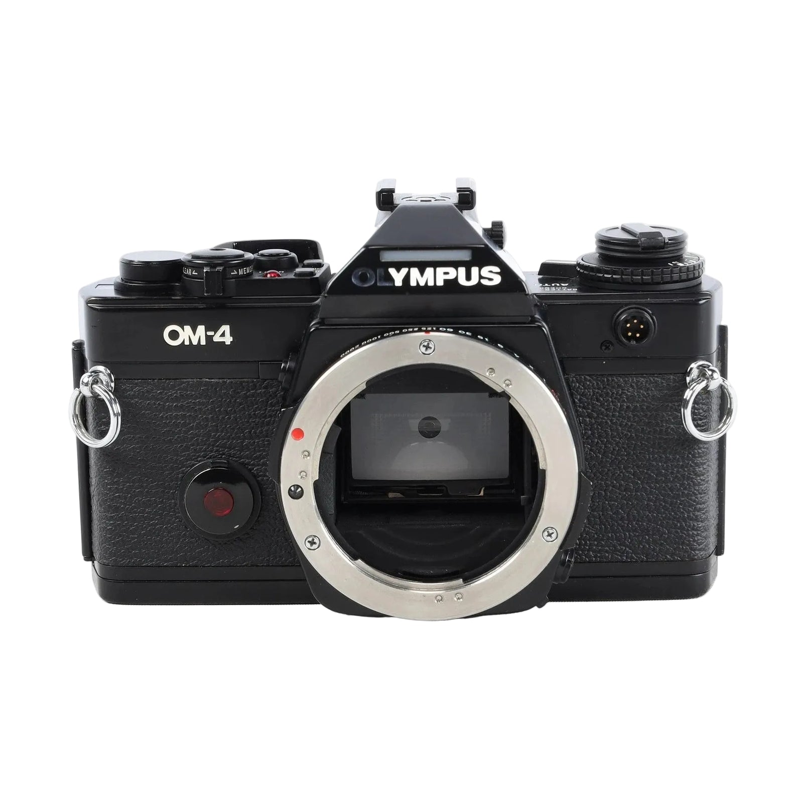 Olympus OM-4 black SLR film camera body front view with silver mount ring and textured grip at ClubCamera.com