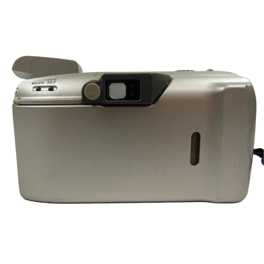 Silver Olympus Stylus Epic Zoom 170 film camera top rear view with beige flash and mode dial at ClubCamera.com