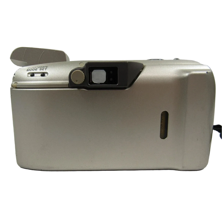 Silver Olympus Stylus Epic Zoom 170 film camera top rear view with beige flash and mode dial at ClubCamera.com