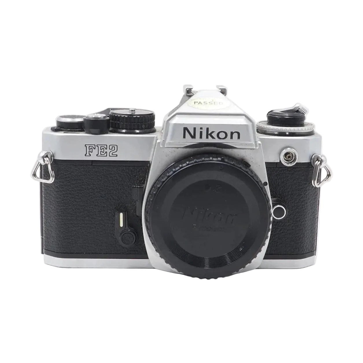 Nikon FE2 35mm SLR film camera body only silver black from ClubCamera.com with textured grip and lens cap