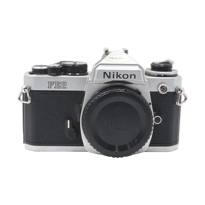 Nikon FE2 35mm SLR film camera body only silver black from ClubCamera.com with textured grip and lens cap