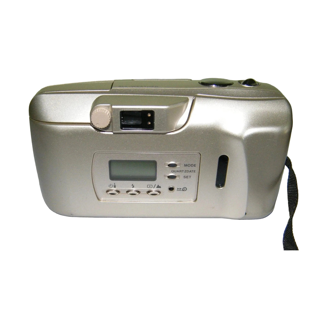 Rear view of silver metallic Olympus Stylus Epic Zoom 150 film camera at ClubCamera.com showing LCD screen, function buttons, and wrist strap
