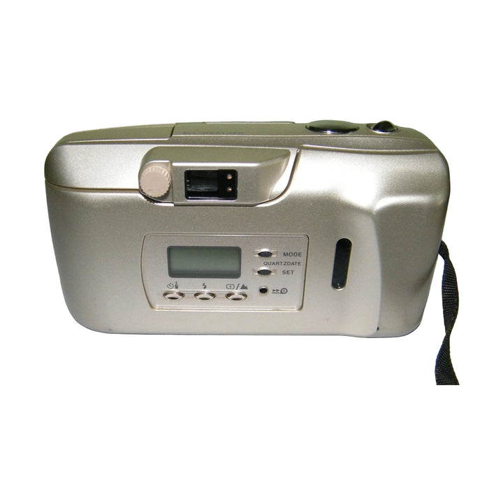 Rear view of silver metallic Olympus Stylus Epic Zoom 150 film camera at ClubCamera.com showing LCD screen, function buttons, and wrist strap