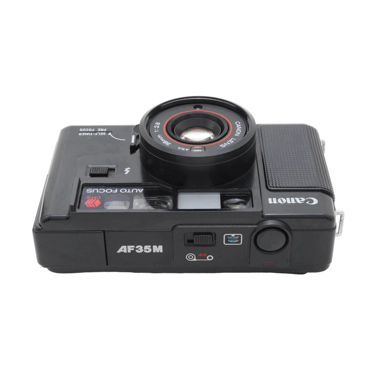 Canon AF35M Sure Shot vintage autofocus 35mm film camera black front view with red lens ring at ClubCamera.com