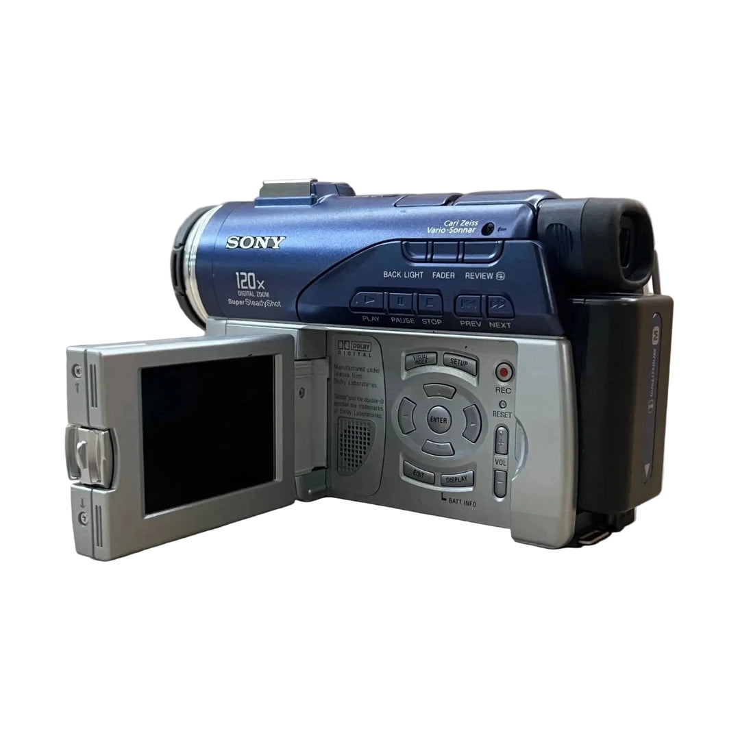 ClubCamera.com blue and silver Sony DCR-DVD200 camcorder with extended flip-out LCD screen and Carl Zeiss lens