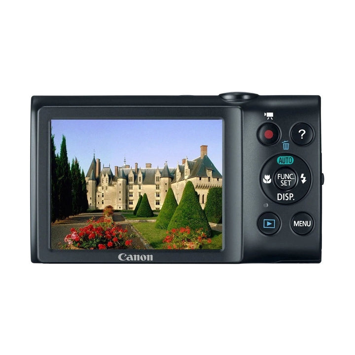 ClubCamera.com rear view of black Canon PowerShot A2400 IS digital camera with 2.7-inch LCD screen showing outdoor photo