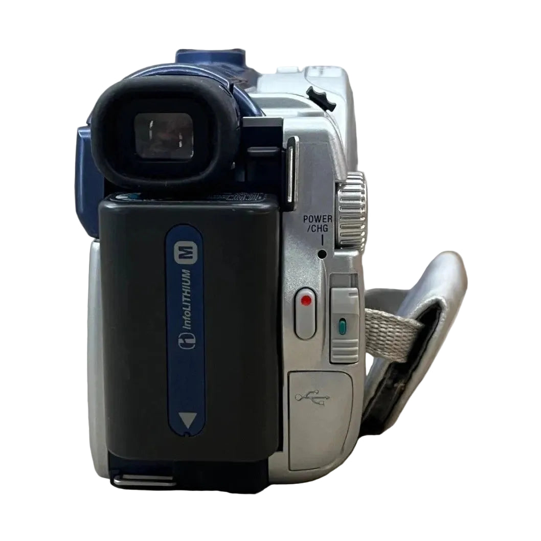 ClubCamera.com rear angle of Sony DCR-DVD200 with attached InfoLITHIUM M battery pack and raised viewfinder