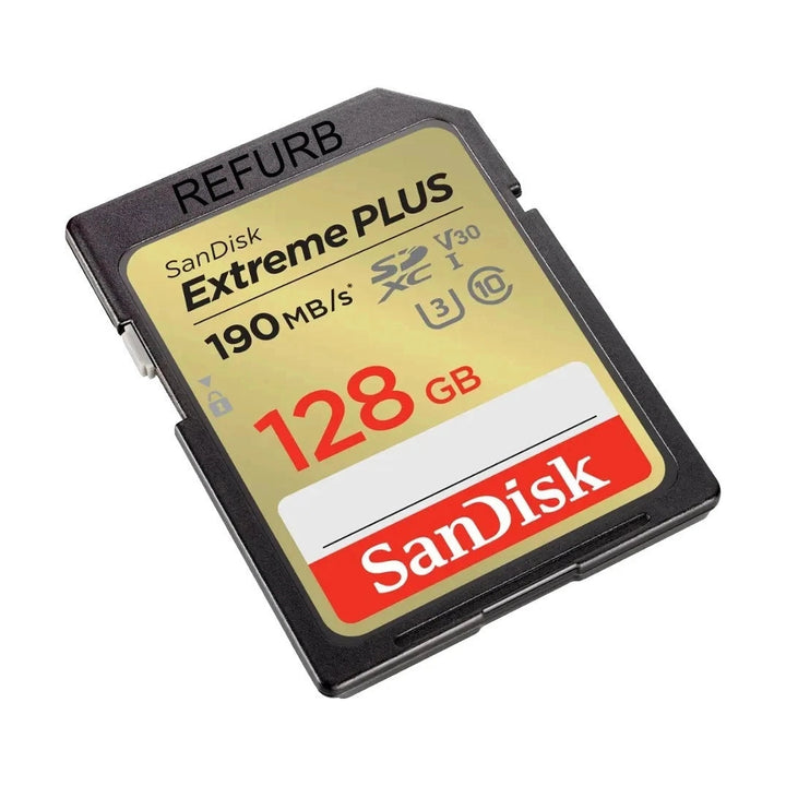 SanDisk Extreme PLUS 128GB SDXC memory card by ClubCamera.com showing REFURB label, gold specs, and black casing