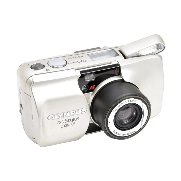 Front view silver Olympus Stylus Zoom 105 compact point and shoot film camera with extended flash at ClubCamera.com