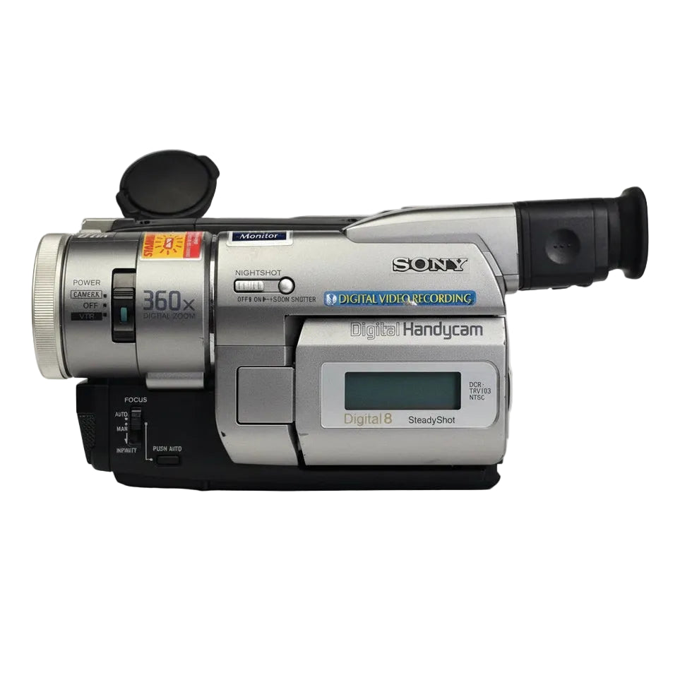 Silver and black Sony DCR-TRV103 Digital8 Handycam camcorder side profile with NightShot and SteadyShot by ClubCamera.com