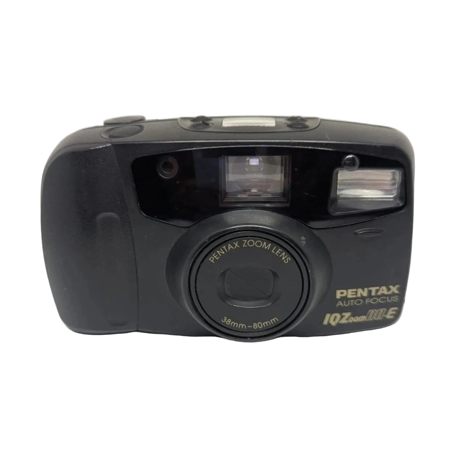 Pentax IQZoom 80E black 35mm film camera with gold PENTAX ZOOM LENS text and built-in flash by ClubCamera.com