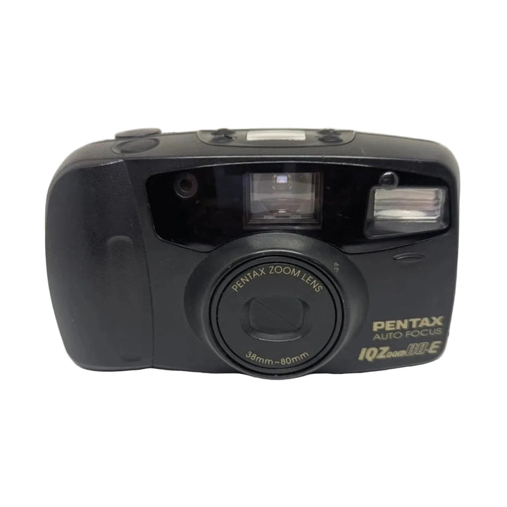 Pentax IQZoom 80E black 35mm film camera with gold PENTAX ZOOM LENS text and built-in flash by ClubCamera.com