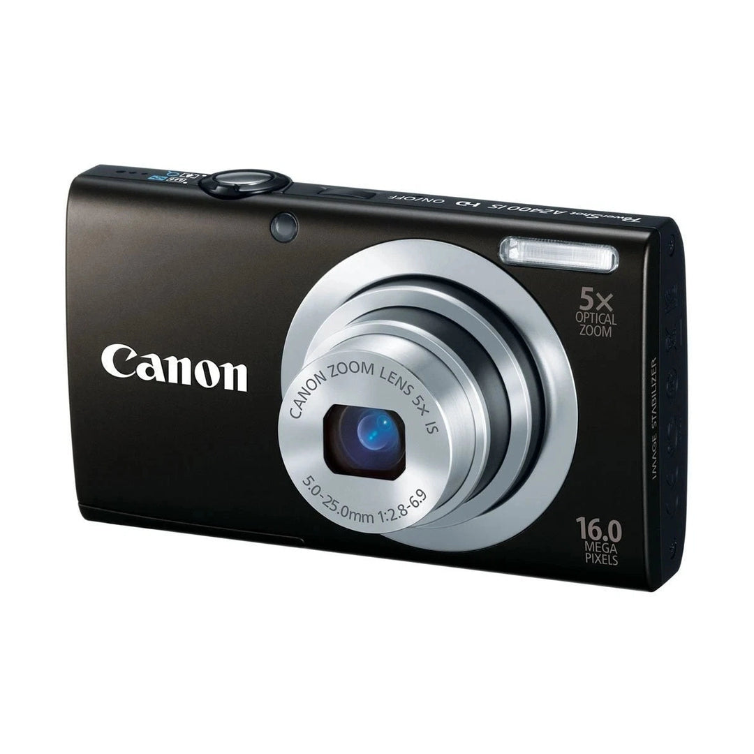 ClubCamera.com front view of black Canon PowerShot A2400 IS digital camera featuring 5x optical zoom lens and 16 megapixel sensor