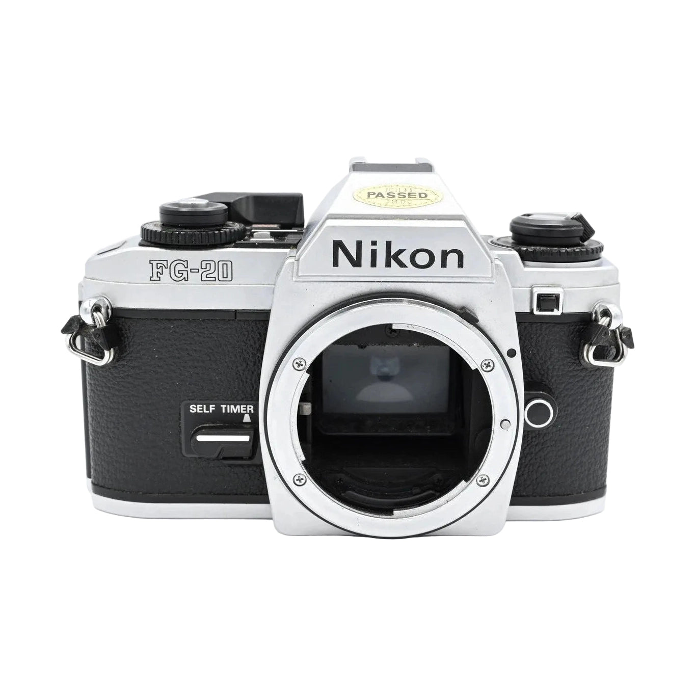 Nikon FG-20 silver and black SLR film camera body with exposed lens mount, textured grip, and PASSED IMOC sticker at ClubCamera.com