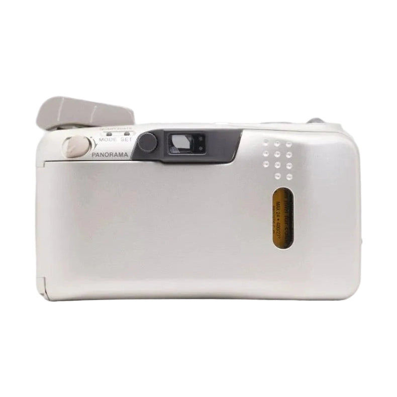 ClubCamera silver Olympus Stylus Epic Zoom 140 film camera back view with sliding lens cover open and gold label