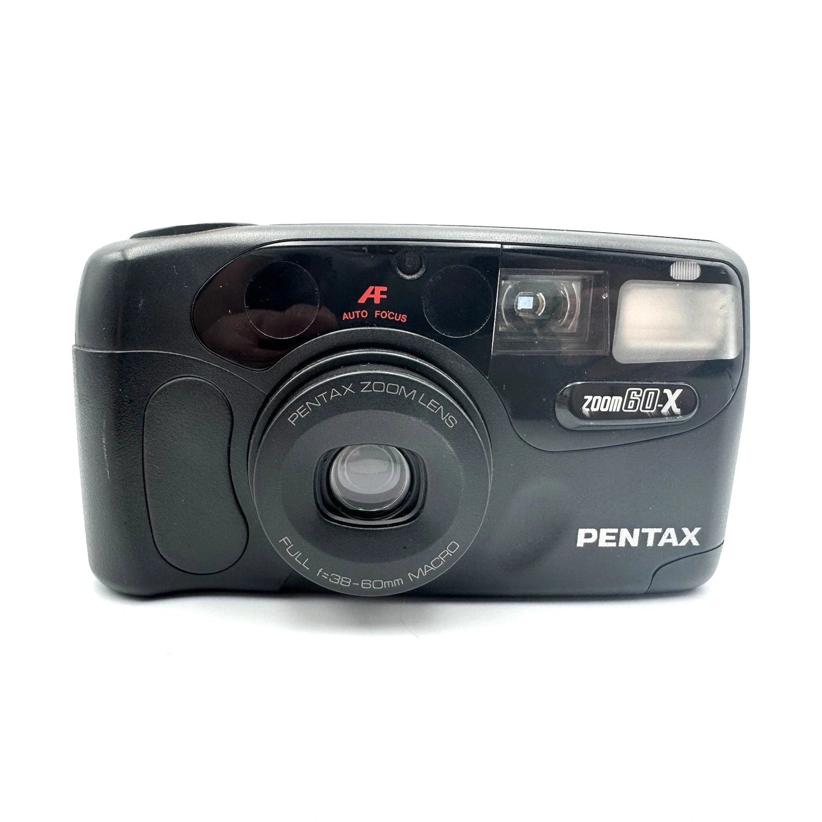 Front view of black Pentax IQZoom 60X 35mm film camera with extended zoom lens, AF logo, and macro mode badge from ClubCamera.com