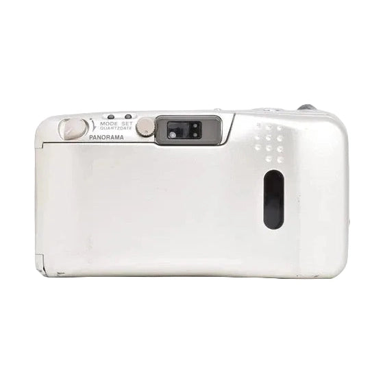 Rear view silver Olympus Stylus Zoom 105 film camera showing mode set quartzdate dials and panorama label at ClubCamera.com