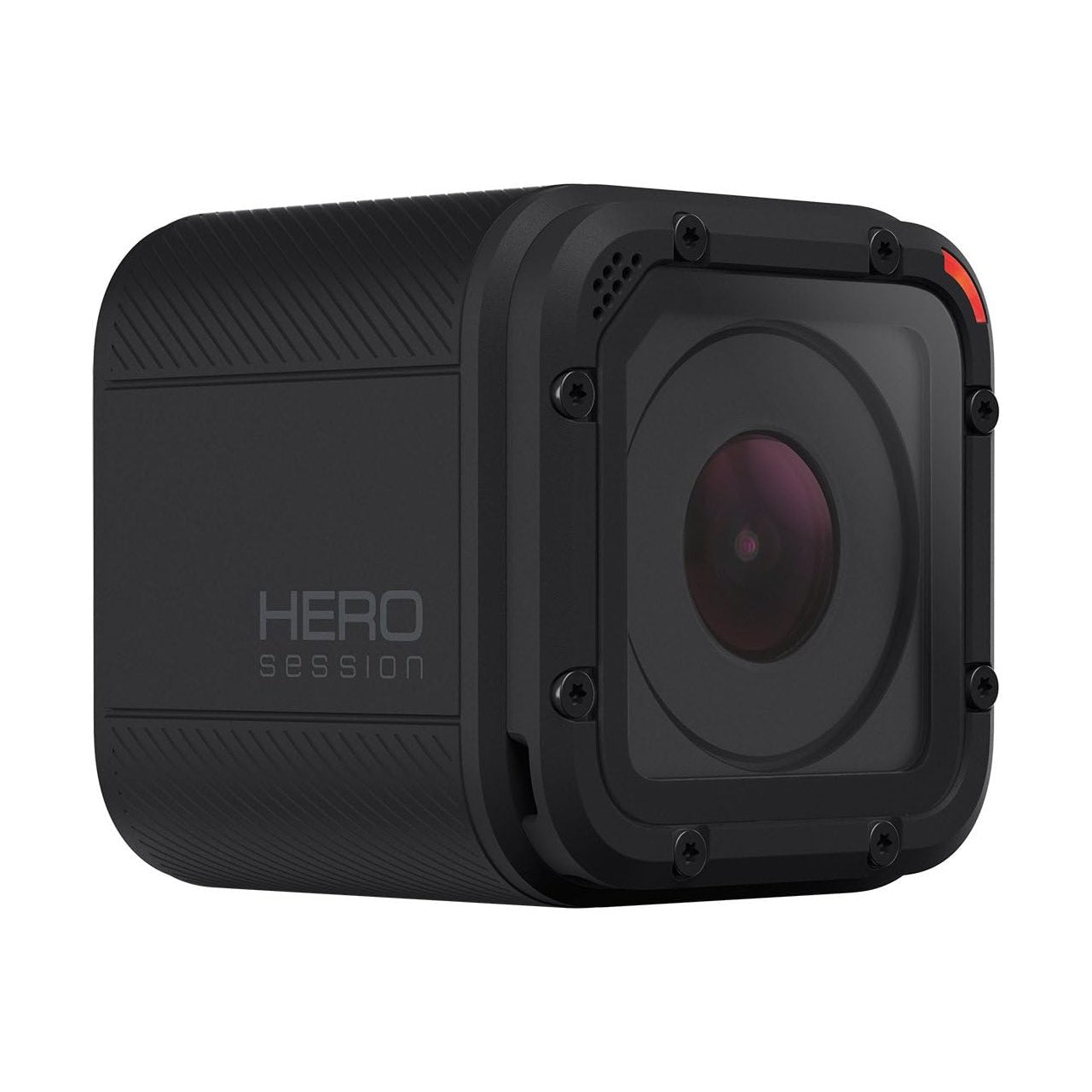 ClubCamera.com GoPro Hero Session side view showing engraved logo and ribbed texture on black cube camera