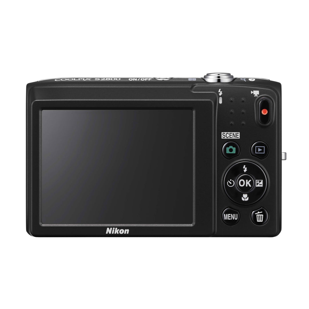 Black Nikon Coolpix S2800 point and shoot digital camera back view with 2.7-inch LCD screen and control buttons from ClubCamera.com